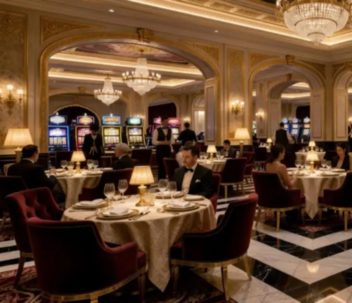 Elegantni casino ambijent restorana s toplim zlatnim naglascima