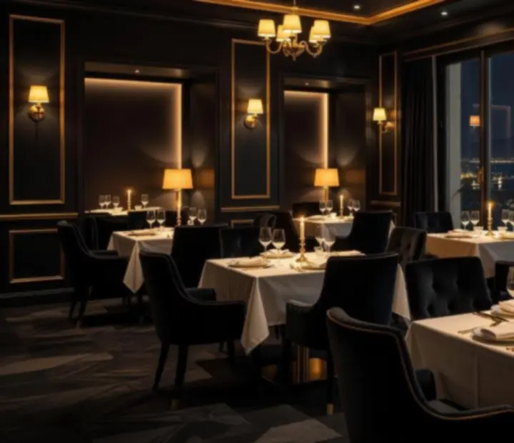 Luksuzni interijer Zlatna Casino restorana s elegantnim zlatnim akcentima